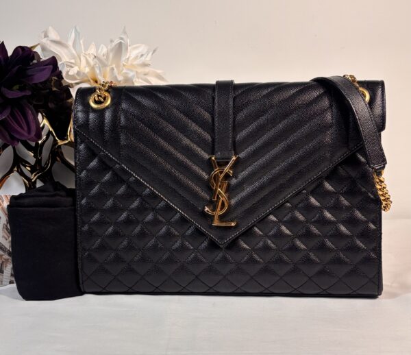 YSL Large Triquilt Envelope Black With Gold Hardware