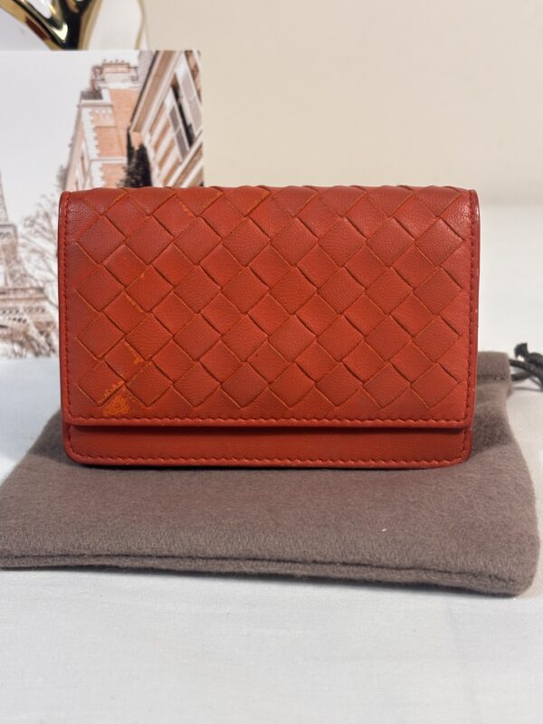 Bottega Venetia Orange Intrecciato Leather Card Holder
