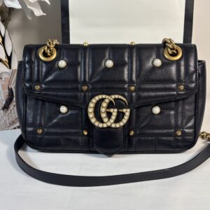 Gucci Marmont Matelassé Pearl Chain Bag in Black