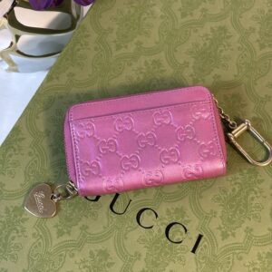 Gucci Pink Guccissima Zip Card Case / Cles
